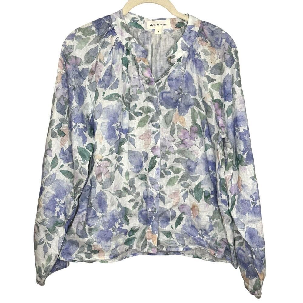 cloth & stone Blouse Womens Small Purple Floral Linen Split Neck Long Sleeve